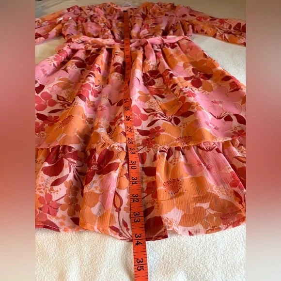 Lauren Conrad Pink and Orange Floral Metallic Ruffed Long Sleeve Belted Dress - Picture 6 of 7